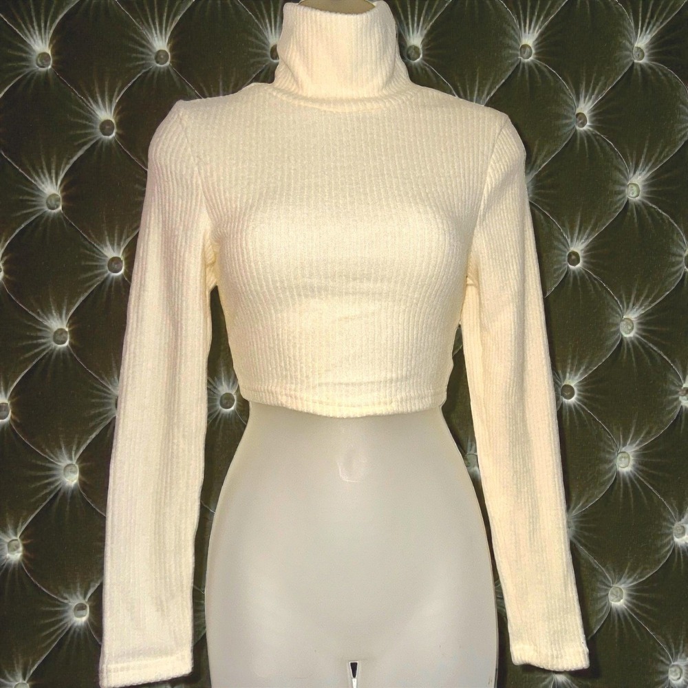 New Small Ribbed Turtleneck Cropped Sweater Long Sleeve Knit Top Cream Basic‎